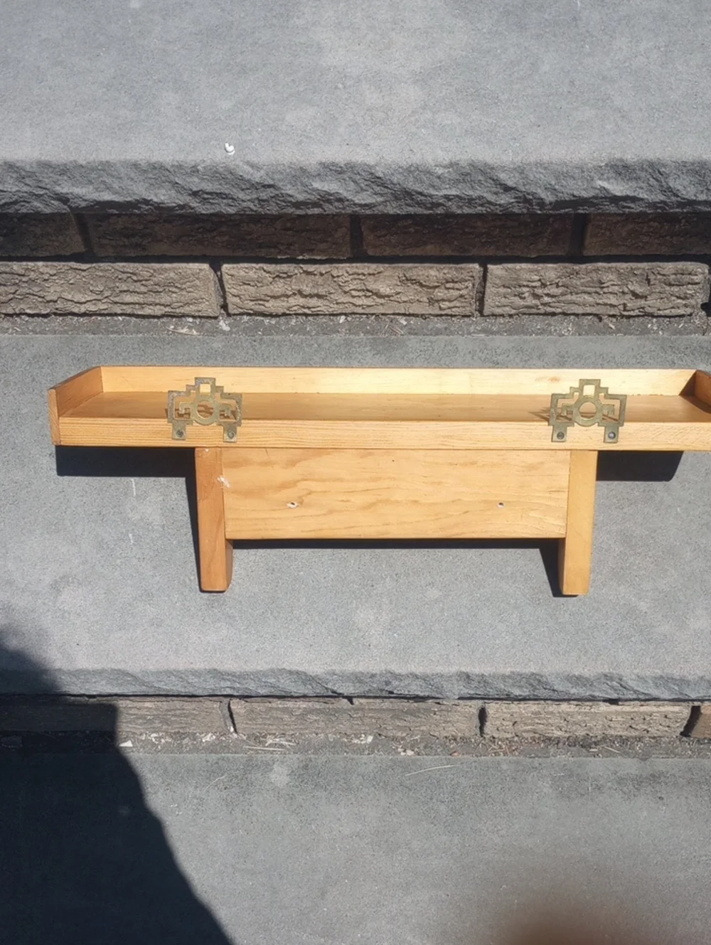 Vintage Spruce Wood 18.75 x 5.1 Inch Wall Shelf w/ Asian Metal Accents